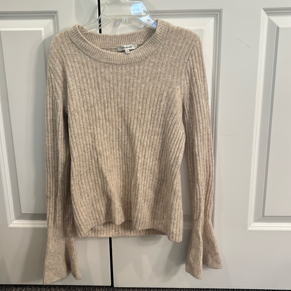 Madewell Beige Ribbed Knit Sweater with Flared Bell Sleeves